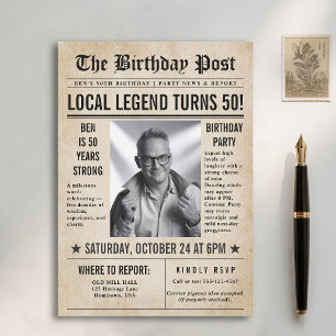Newspaper Birthday News Funny Humourous Men 50th Invitation