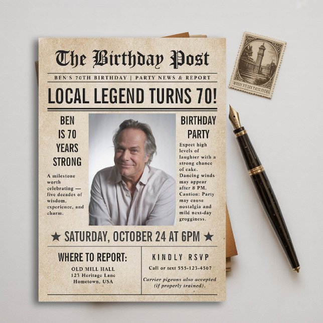 Newspaper Birthday News Funny Humourous Men 70th Invitation (70th birthday party for men invitation card photo template vintage newspaper news funny humorous)