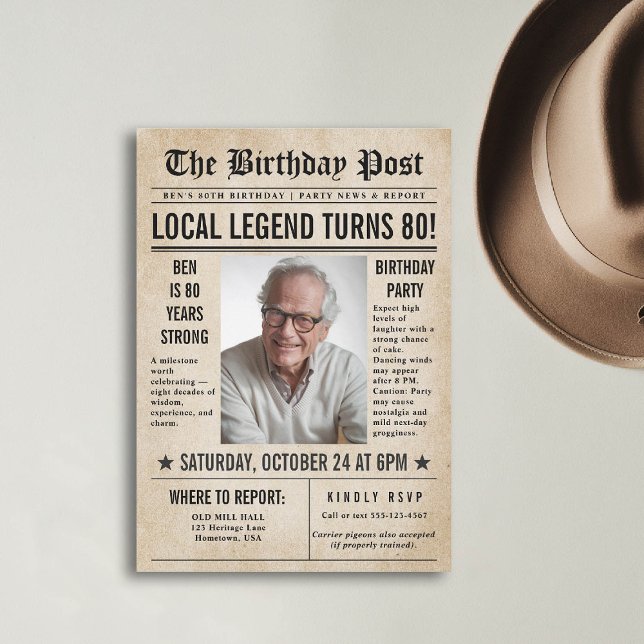 Newspaper Birthday News Funny Humourous Men 80th Invitation (80th birthday party for men invitation card photo template vintage newspaper news funny humorous)