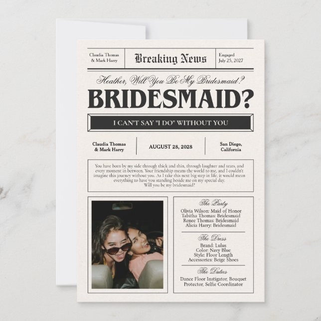 Newspaper Bridesmaid Proposal Card (Front)