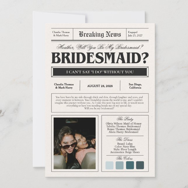 Newspaper Bridesmaid Proposal Card (Front)