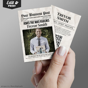 Newspaper Business Card,  Modern Real Estate Agent Calling Card
