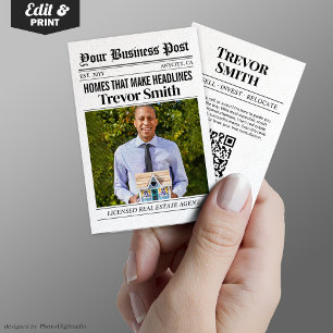 Newspaper Business Card,  Modern Real Estate Agent Calling Card
