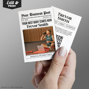 Newspaper Business Card, Personal Fitness Coach  Calling Card