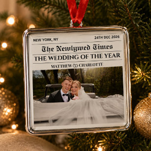 Newspaper Christmas Couple Newlywed Photo First Metal Tree Decoration