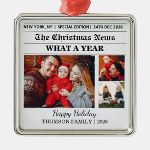 Newspaper Christmas Family 3 Photo Collage Metal Tree Decoration