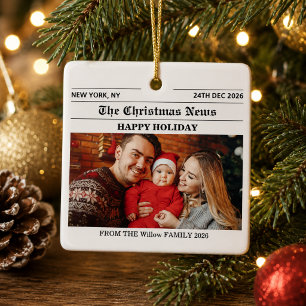 Newspaper Christmas Family Photo Collage Ceramic Ornament