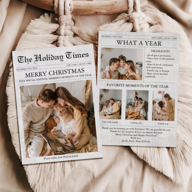 Newspaper Christmas Newsletter Photo Collage  Holiday Card (Newspaper Christmas Card What a Year Newsletter Unique Funny Family Holiday Card with Photos)
