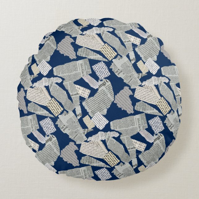 Newspaper Cutting Pattern 01x4.b DBlue Round Cushion (Front)