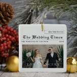 Newspaper Design | Newlyweds Photo Ceramic Ornament<br><div class="desc">Celebrate your headline-worthy love story with this newspaper-inspired newlywed ornament. Styled like the “Wedding Times, ” it showcases your favourite couple photo on the front with customisable names and date, while the back features a romantic snowflake design with a heartfelt message. Perfect as a first Christmas married keepsake, anniversary gift,...</div>