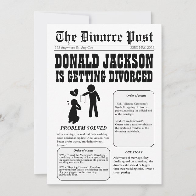 Newspaper divorce invite: Problem solved, QR code Invitation (Front)