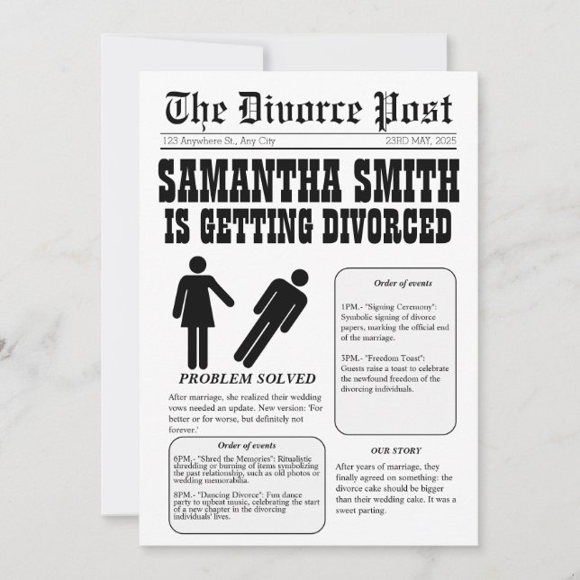 Newspaper divorce invite: Problem solved, QR code Invitation (Front)
