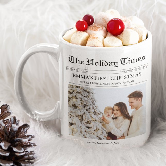 Newspaper First Christmas Baby Family Photo Unique Coffee Mug (Baby's First Christmas Mug Perfect Gift for Grandparents Keepsake Newspaper Aesthetic Unique)