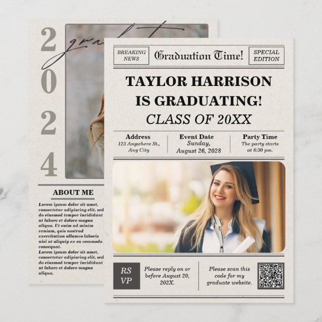 Newspaper Front Page Class of 2026 Bold   Invitation (Front/Back)