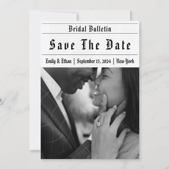 newspaper funny save the dates invitation (Front)