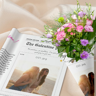 Newspaper Galentines Day Flower Bouquet Red Heart Wrapping Paper