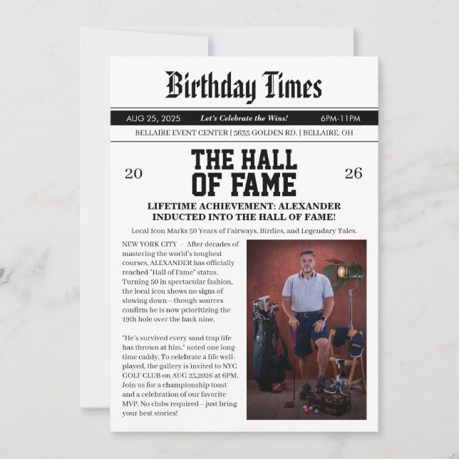 Newspaper Golf 50th Birthday Invitation (Front)