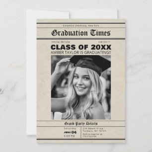 Newspaper Graduation Class of 20XX B&W Photo  Invitation