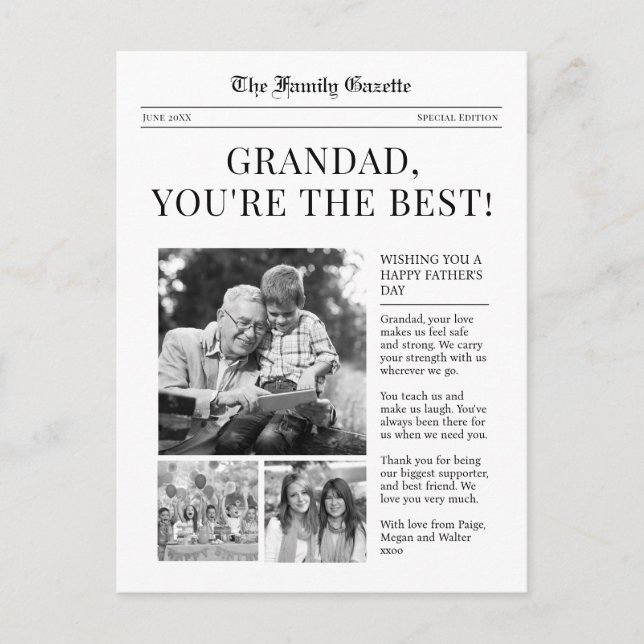 Newspaper Grandad Father's Day greeting postcard (Front)