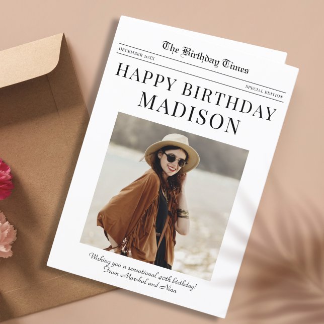 Newspaper Happy Birthday greeting card (Newspaper-style Happy Birthday greeting card personalized with recipient's name and photo)