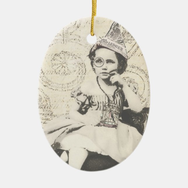 Newspaper Hat Gal Ceramic Tree Decoration (Front)