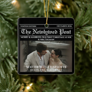Newspaper Merry and Married Holiday Accents Photo Ceramic Ornament