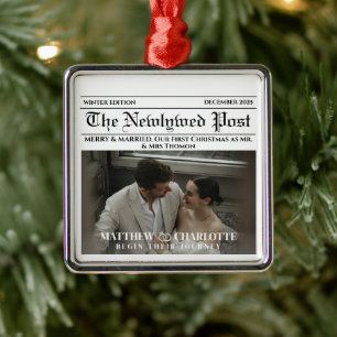 Newspaper Merry and Married Holiday Accents Photo Metal Tree Decoration