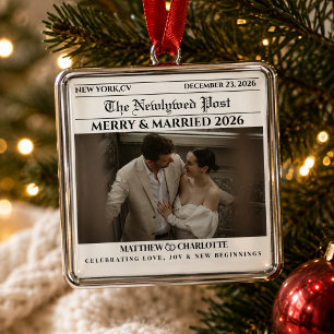 Newspaper Merry and Married Newlywed Photo Metal Tree Decoration
