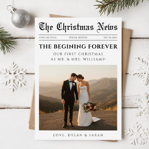 Newspaper Modern Newlywed Wedding Photo Christmas Holiday Card