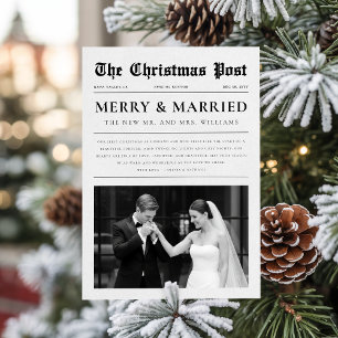 Newspaper Newlywed Black & White Photo Christmas Holiday Card