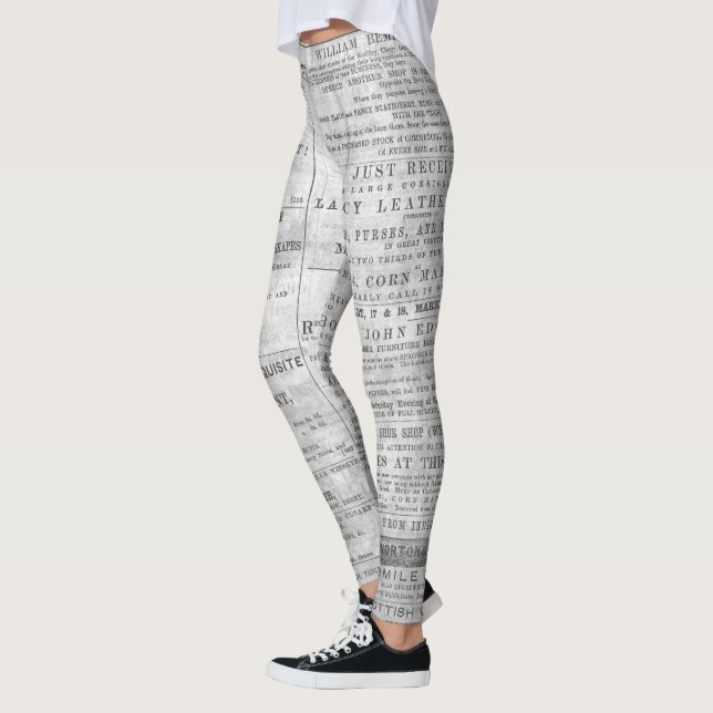 Newspaper News Print Black White Throw Pillow Leggings (Left)