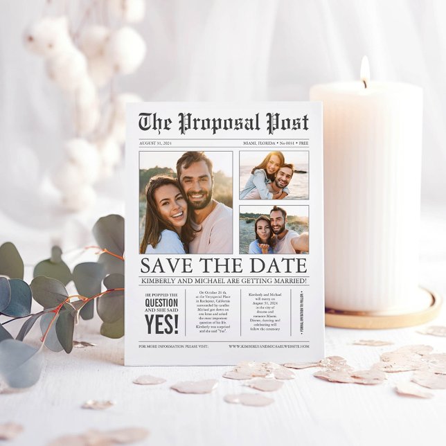 Newspaper News Unique Three Photos Save the Date Announcement Postcard (Save the Date Newspaper Style Postcards)