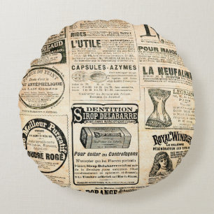 Newspaper page with advertisement - Vintage engrav Round Cushion