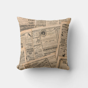 Newspaper pages with antique advertising. vintage  cushion