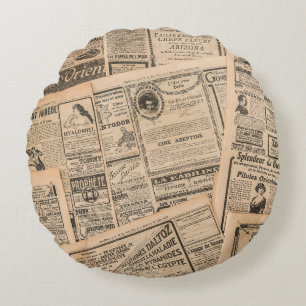 Newspaper pages with antique advertising. Vintage  Round Cushion