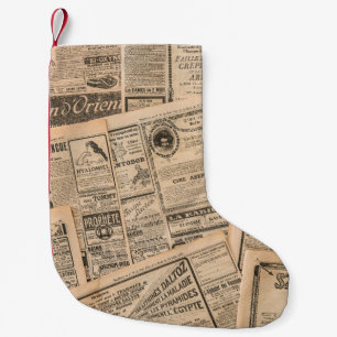 Newspaper pages with antique advertising. Vintage Small Christmas Stocking