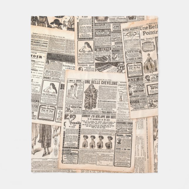 Newspaper pages with antique advertising. Woman's  Fleece Blanket (Front)