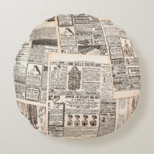 Newspaper pages with antique advertising. Woman's Round Cushion
