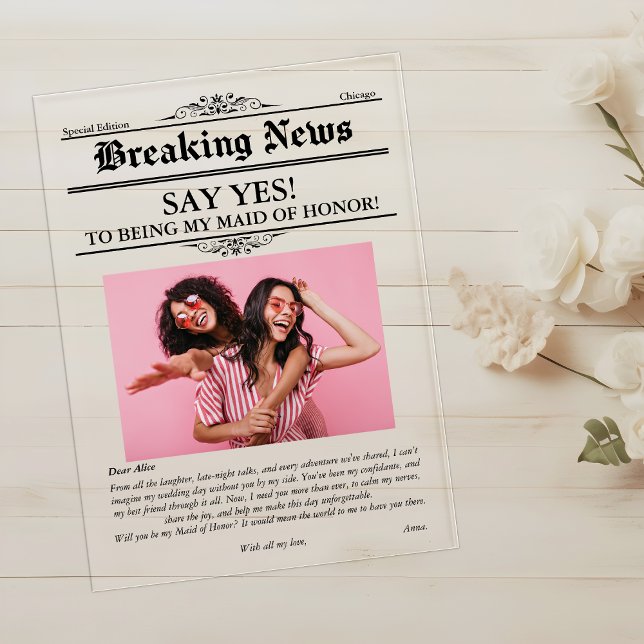 Newspaper Photo Maid of Honour or Bridesmaid  Acrylic Invitations (Newspaper Photo Maid of Honor or Bridesmaid Acrylic Invitations)