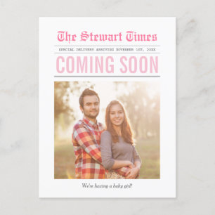 Newspaper Pregnancy Announcement Pink Postcard