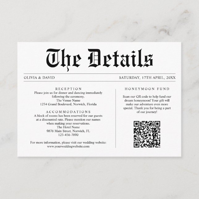Newspaper QR Code Unique Wedding Details Enclosure Card (Front)