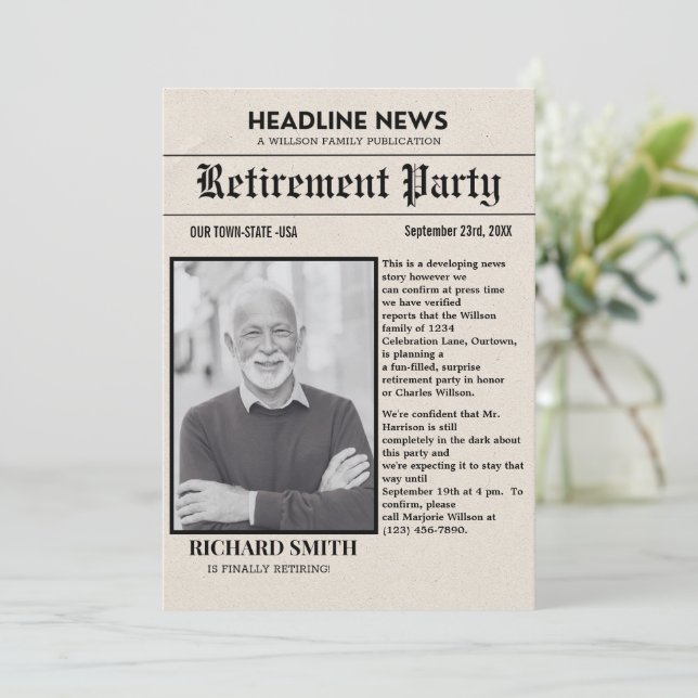  Newspaper Retirement Party Invitation (Standing Front)