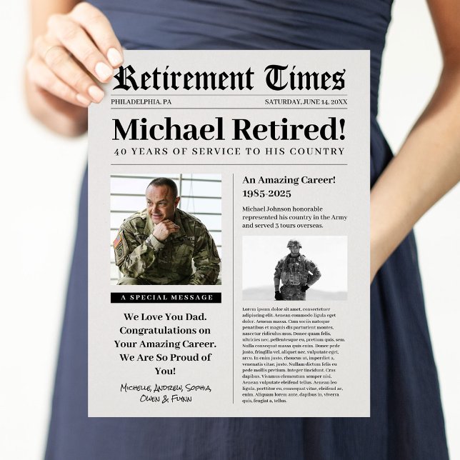 Newspaper Retirement Sign Gift for Military Vet Custom Letterhead (Creator Uploaded)