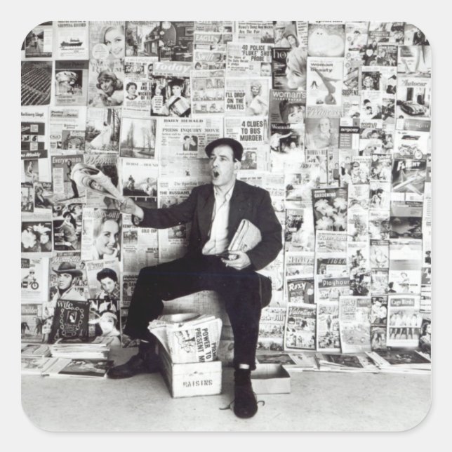 Newspaper salesman, c.1960 square sticker (Front)