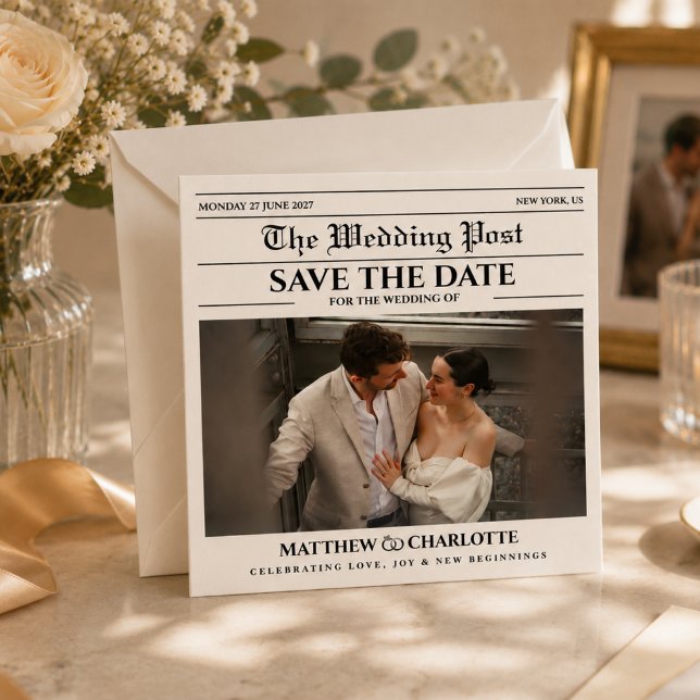Newspaper Save the Date Wedding Beige Card (vintage retro Save the Date Wedding )