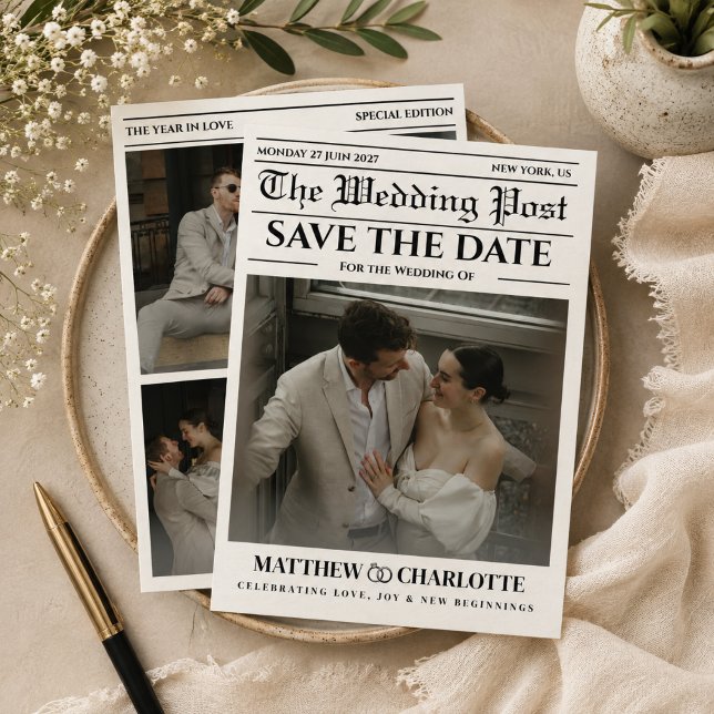 Newspaper Save the Date Wedding Card (newspaper wedding save the date cards black and white unique fun classic retro)