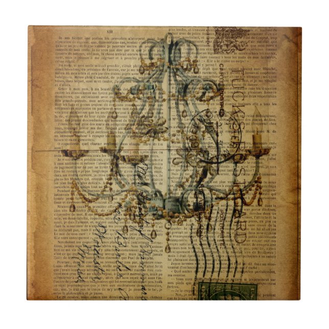 newspaper scripts french country chandelier tile (Front)