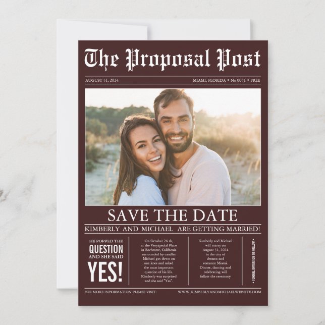 Newspaper Style Burgundy Red Save the Date Photo (Front)