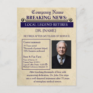 Newspaper Style Doctor Retirement Card Custom