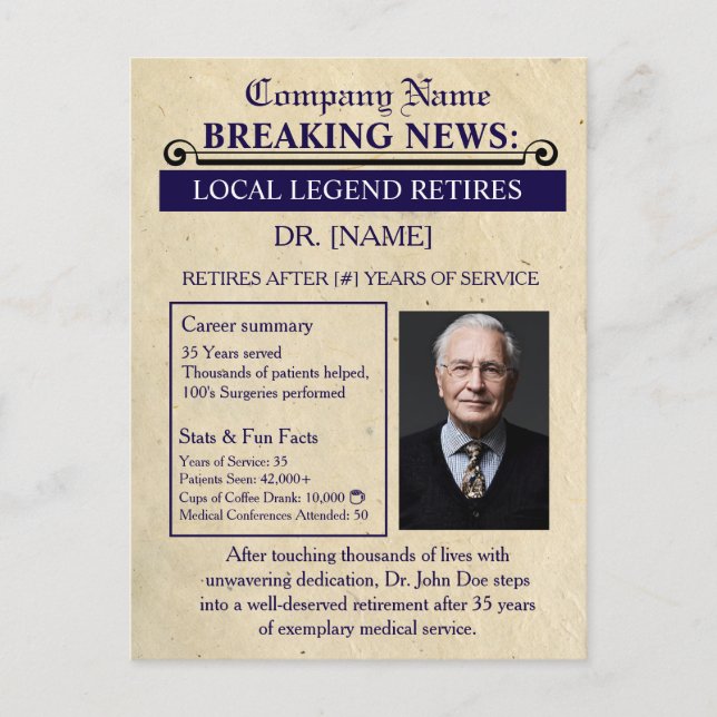 Newspaper Style Doctor Retirement Card | Custom (Front)